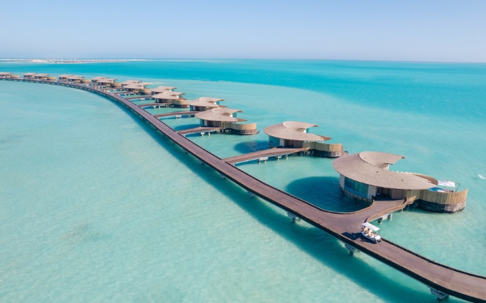 Aerial view of the water villas of the hotel "The St. Regis Red Sea Resort" 